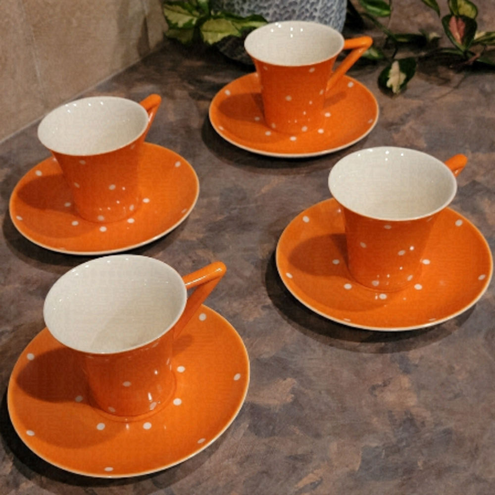 SKYE MCGHIE Set of 4 Cups and Saucers, Orange/White Polka Dots, Fine Porcelain